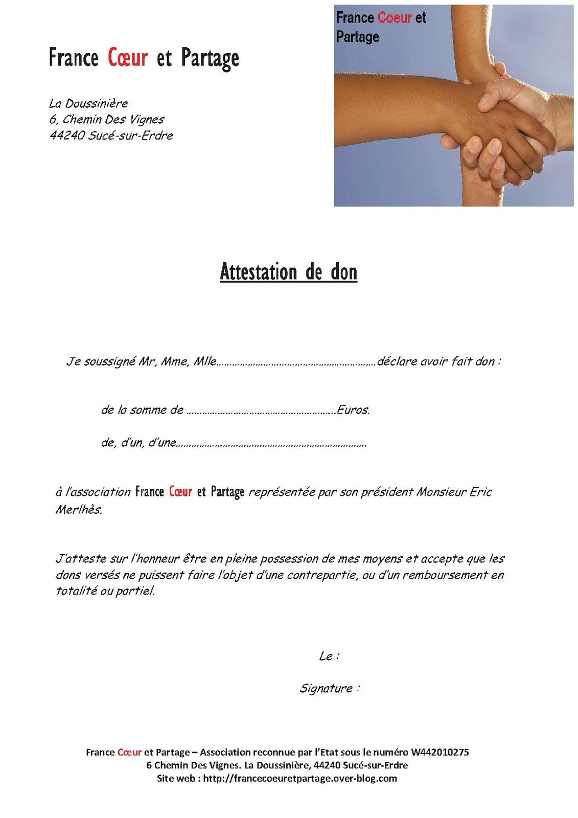 ATTESTATION DE DON - France Coeur et Partage