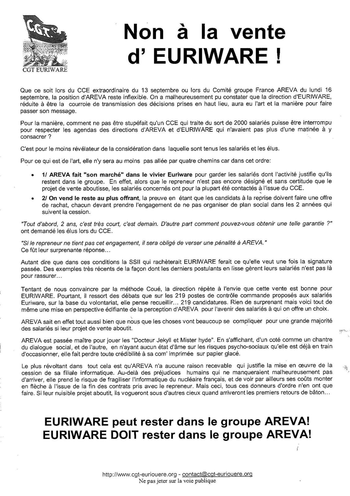 Tract Non à la vente d'EURIWARE CGT Euriware