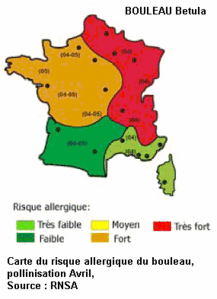 carte du risque allergique du bouleau en avril, source RNSA