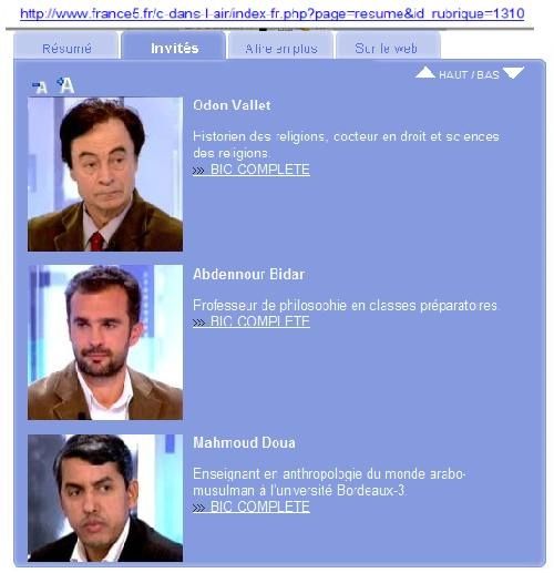 Capture d'écran des invités de France 5, mince Eric Raoult n'y figure pas ? Aurait il intégré l'équipe de France Cinq ?
