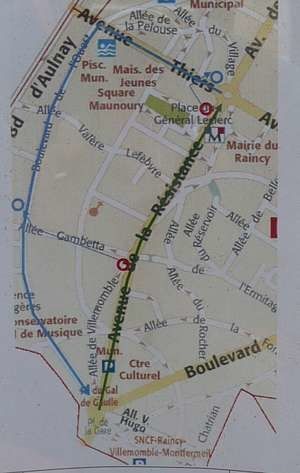 plan du Raincy secteur Résistance, bd de l'ouest. en bleu la déviation et les arrêts provisoires vers la gare RER Le Raincy-Villemomble-Montfermeil