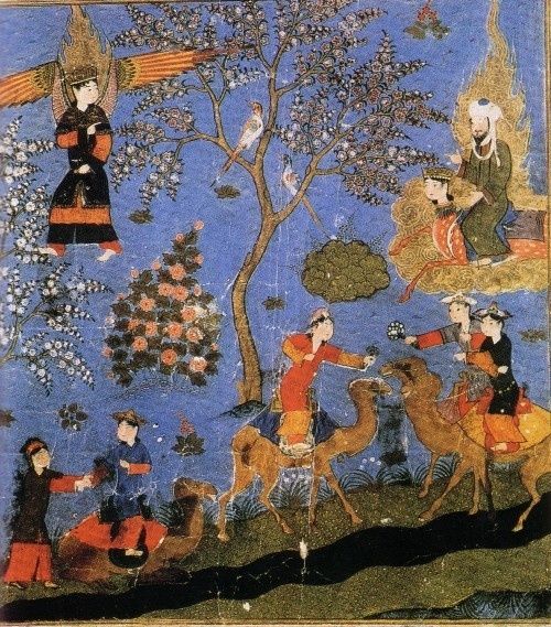 Mahomet monté sur Buraq, guidé par l'archange Gabriel, arrive au Paradis, entre les Houris aux yeux noirs. Miraj Nameh, Miniature, Turquie, XVe siècle.