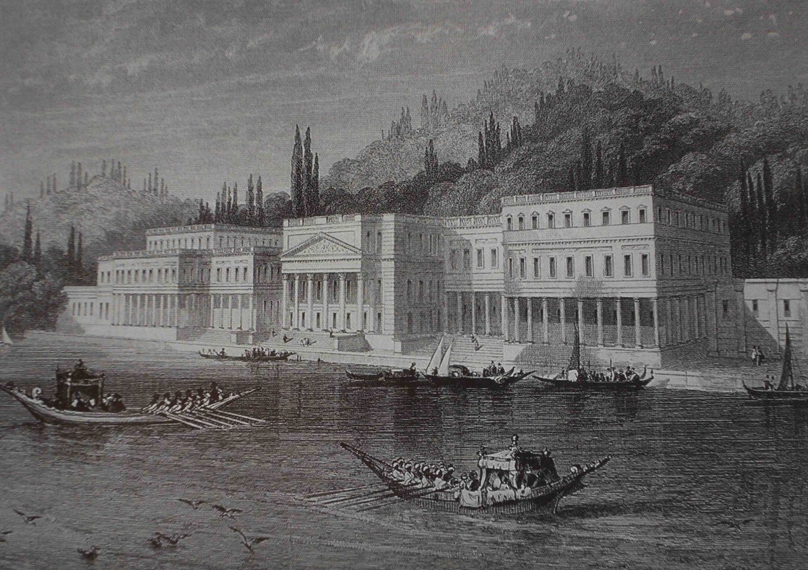 Palais de Besiktas - Commanditaire : Mahmud II (règne 1808-1839) gravure d'Emile et Adolphe Rouargue in : Joseph Méry, Constantinople et la mer Noire, Paris, 1855.