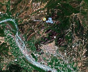 Le site des Météores sur Google Earth.... En bas de l'image : Kalampaka.