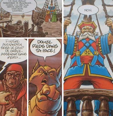 Masbou et Ayroles, De cape et de crocs #7 p5 (la joute) et p17 (le pilindromordnilip)