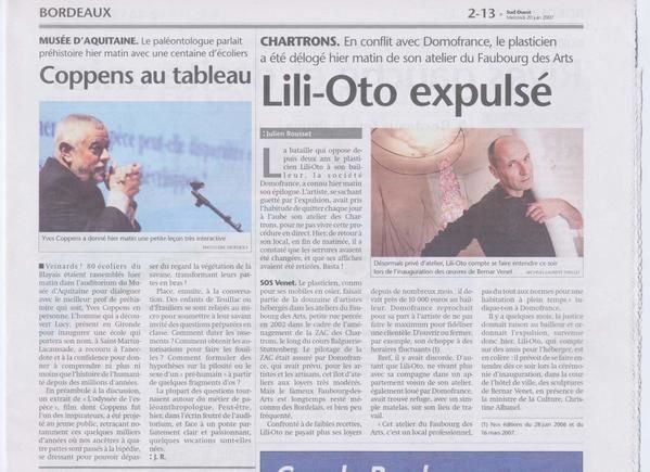 artiste plasticien: Lili-oto expulsé article de Julien Rousset journal Sud Ouest Bordeaux 