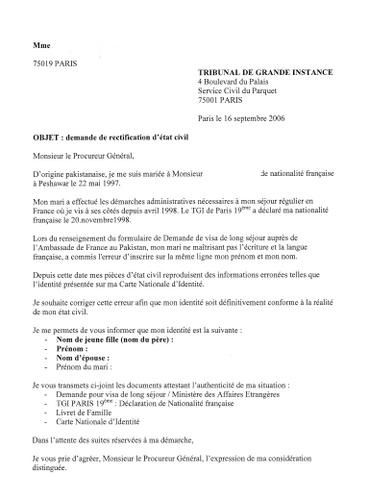 Lettre de demande de rectification