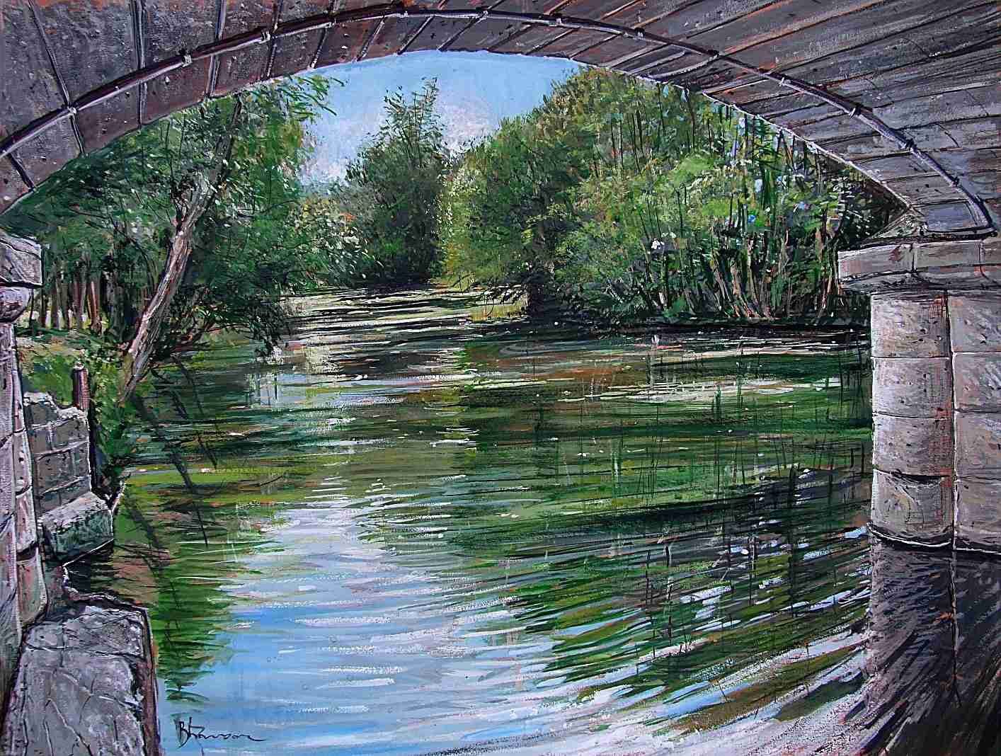 Brunoy l'Yerres au pont Perronet gouache 50X65 juin 2010