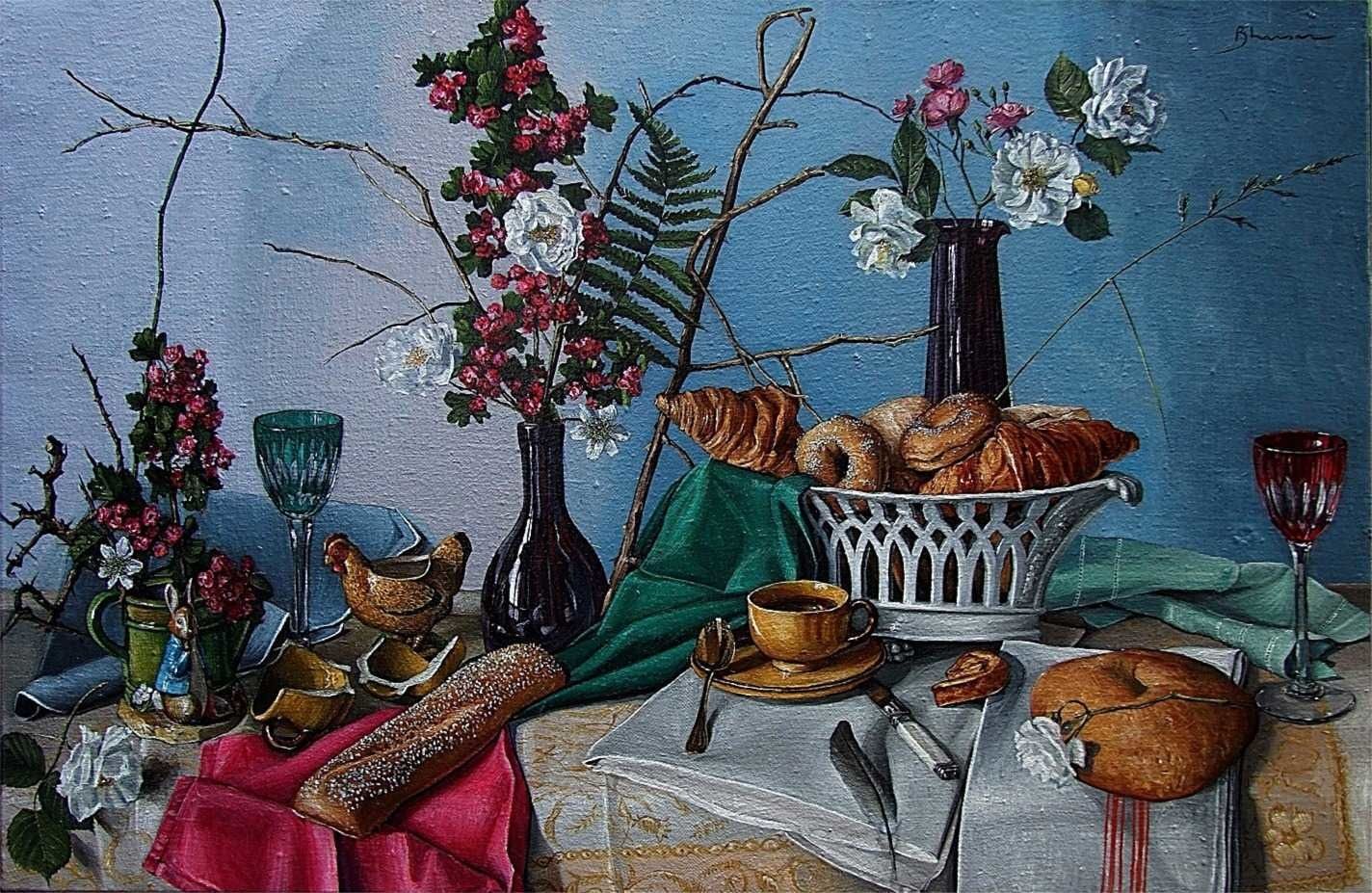 Le café sous les rosiers huile sur toile 60X92 2011 Etat