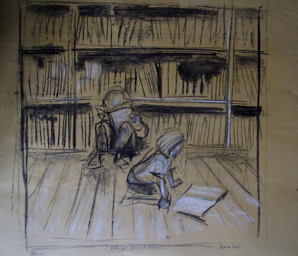 Pfuu, toujours sur le front : j'aime les livres et, hop, en 1998, j'ai dessiné chez les libraires parisiens : ça m'a donné matière à tableau jusqu'en 2000 et même au-delà 