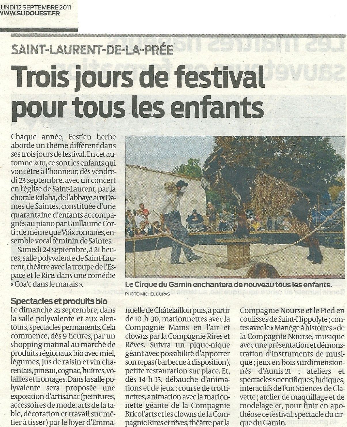 art.SO du 12 sept. 2011. Trois jours de festival