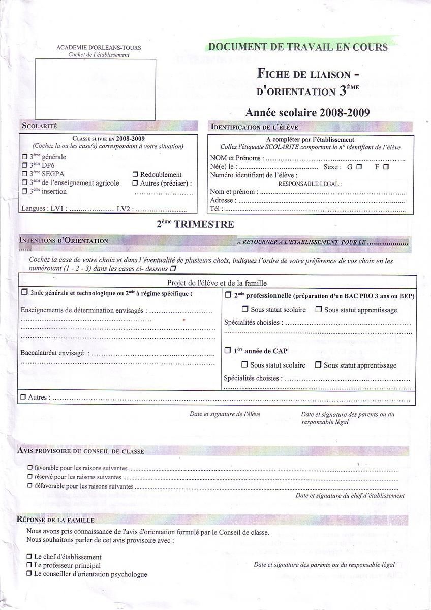 Fiche de liaison au collège  Le cartable de M.Orain