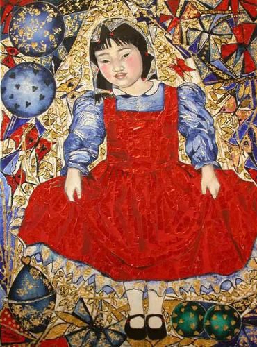 portrait d'enfant et ses jouets, peinture figurative décorative contemporaine à tendance baroque, huile et inclusions dont feuille d'or, sur toile de 130x97Cm, peint par Raphaelle Zecchiero