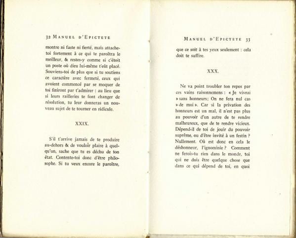Manuel d'Epictète, collection des Moralistes. 115 x 190, 88 pp. Imprimé en 1940 à 495 exemplaires.