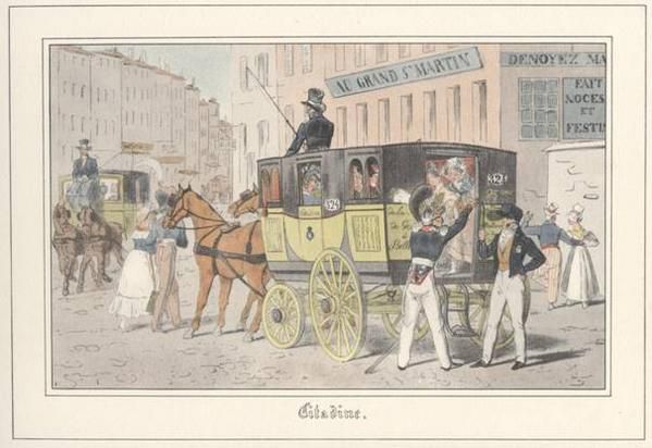 Voitures des différentes entreprises de transport publiques et de location avant la création en 1855 de la Compagnie générale des omnibus dont, quelques voitures sont aussi présentées en situation.
