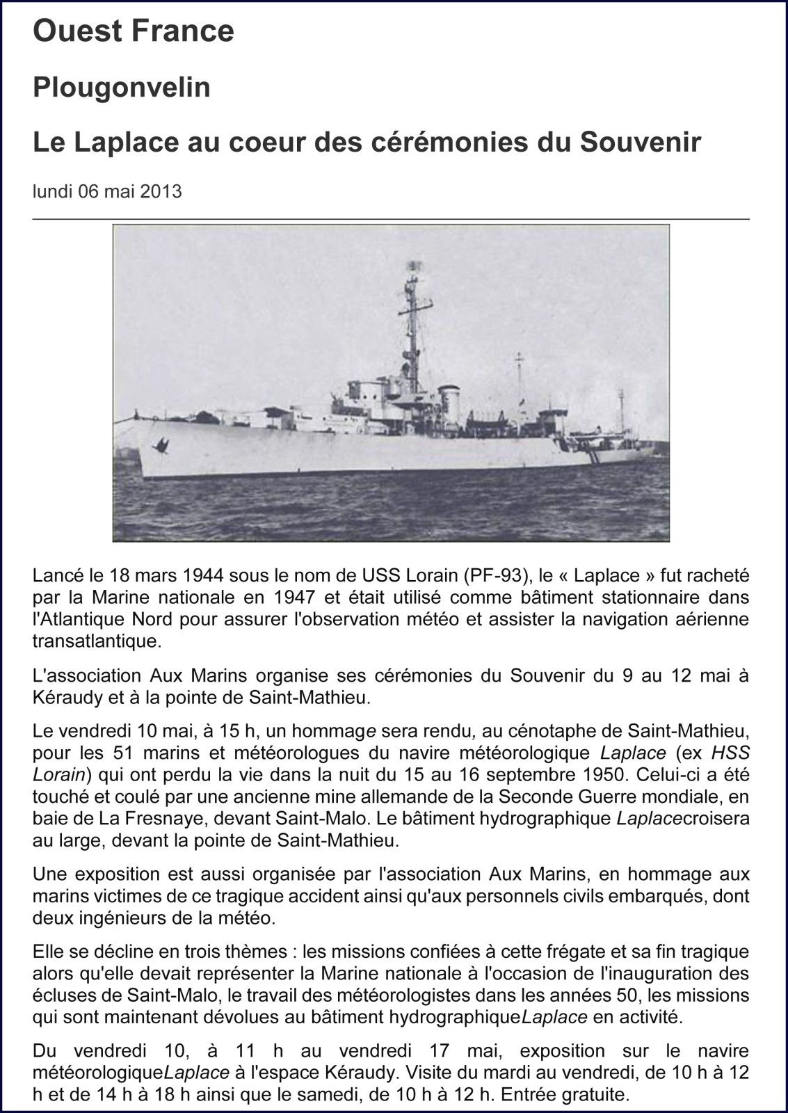 Les articles de presse relatant l'actualité de l'association Aux Marins en 2013