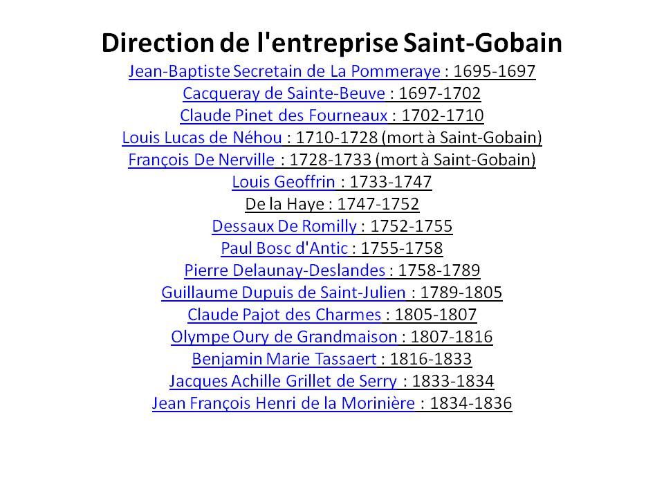 Saint-Gobain, la direction de la Manufacture Royale des Glaces de Saint-Gobain de 1695 à 2007