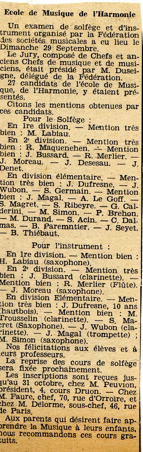 Album - la ville de Noyon (Oise), l'orchestre d'harmonie, les éléves, les examens et diplômes de 1936 à