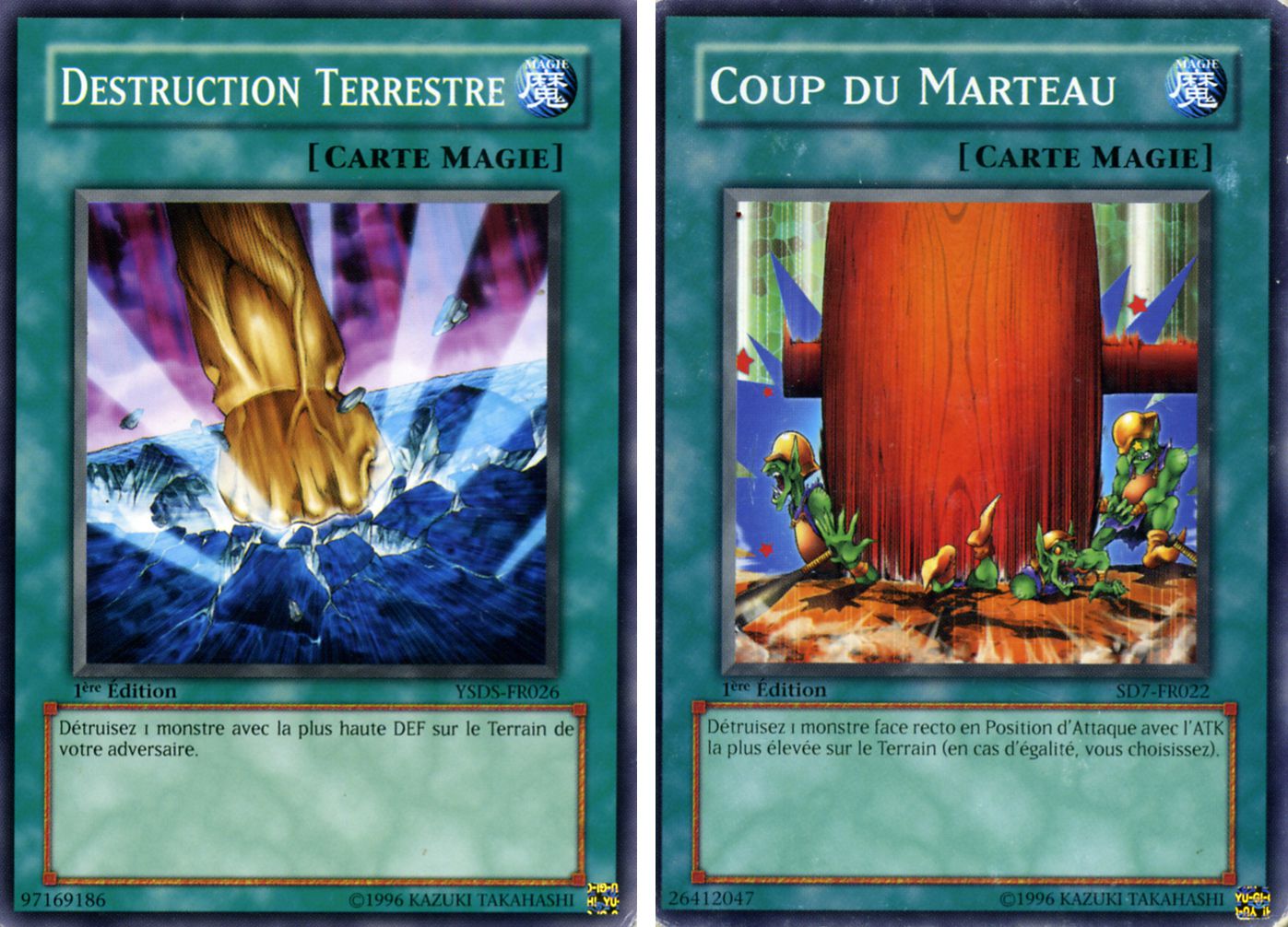 cartes Yu-Gi-Oh ! en français : Destruction terrestre et Coup de marteau carte Yu-Gi-Oh ! en français : Destruction terrestre et Coup de marteau