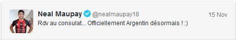 Neal Maupay tweet Officiellement Argentin 15 nov 2013