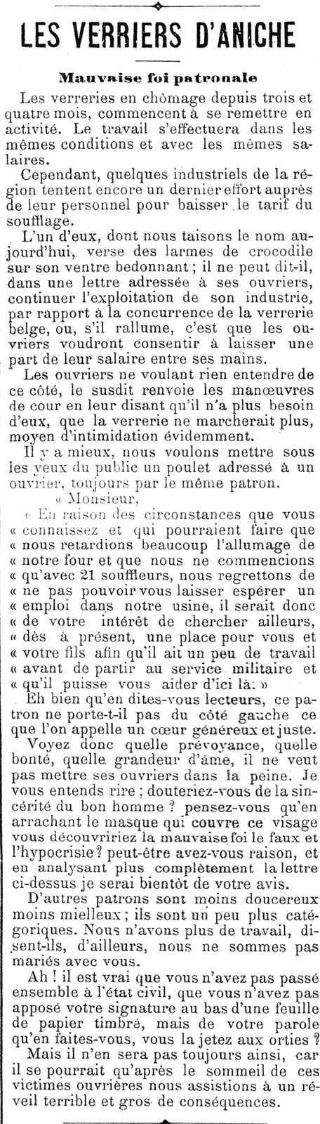 Article paru le 3 Juin 1894 dans le journal LE REVEIL des V