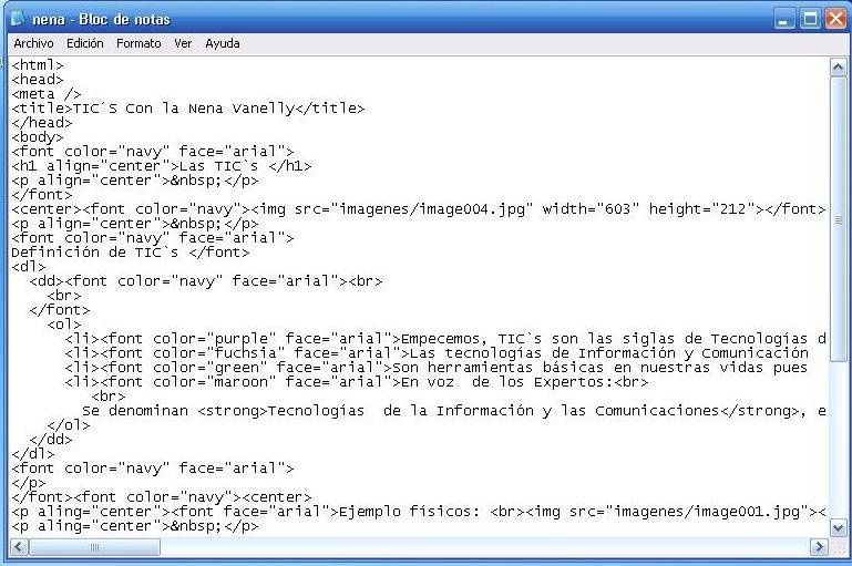 Página web formato html - Aprendiendo de las TIC´s con Vanelly