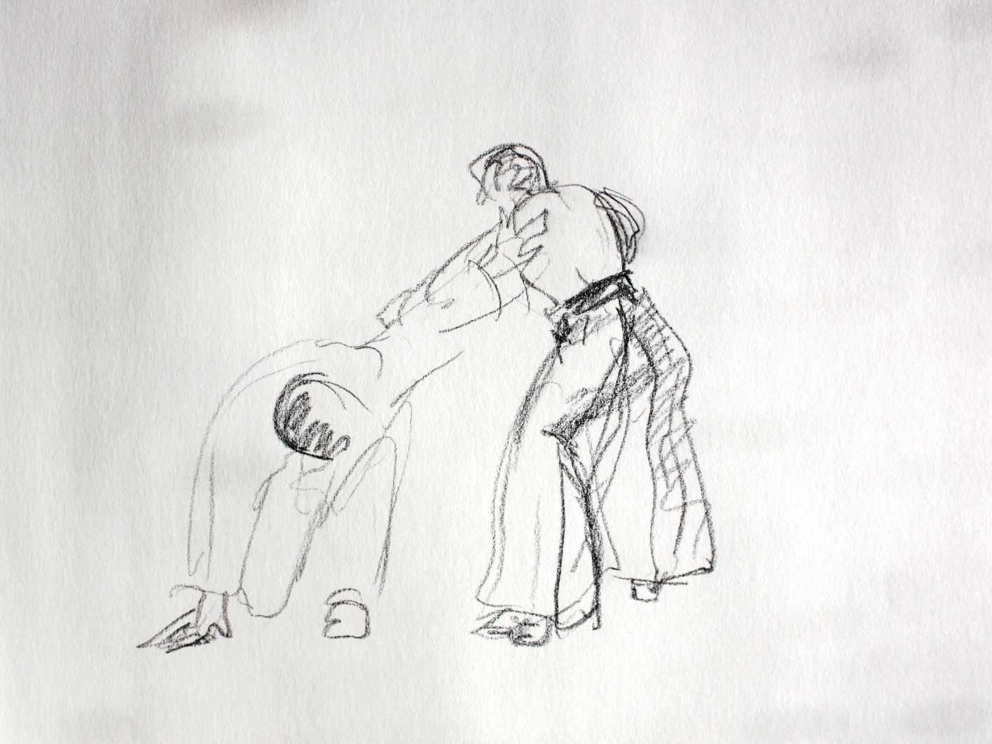 Croquis réalisés à la pierre noire er craies couleurs, pendant l'entrainement du cours de Aikido du Dojo de Gif sur Yvette