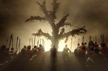 Spartan forces discover the remains of villagers whose town was sacked by a Persian scouting party in Warner Bros. Pictures' 300