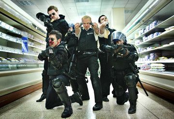 Rafe Spall , Paddy Considine , Simon Pegg , Nick Frost and Olivia Colman in Rogue Pictures' Hot Fuzz