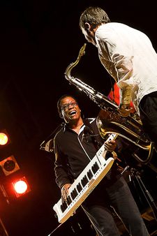 1 Herbie Hancock live in concert playing the keytar. | Source http://